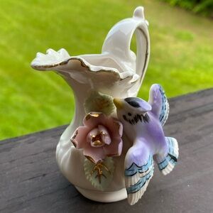 Vintage Floral Porcelain Pitcher with Bird Accent